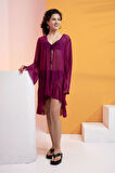 Likralı Tülden Volanlı Kimono Kaftan-Mürdüm-M