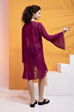 Likralı Tülden Volanlı Kimono Kaftan-Mürdüm-M