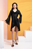Likralı Tülden Volanlı Kimono Kaftan-Siyah-L