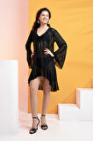 Likralı Tülden Volanlı Kimono Kaftan-Siyah-L