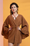 %100 Pamuk Volanlı Kuşaklı Kimono-Kahve-M