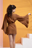 %100 Pamuk Volanlı Kuşaklı Kimono-Kahve-S