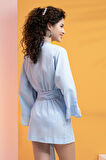 %100 Pamuk Volanlı Kuşaklı Kimono-Mavi-M