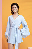 %100 Pamuk Volanlı Kuşaklı Kimono-Mavi-S