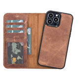 Apple iPhone 12 Pro Max Uyumlu Deri Cüzdanlı Kılıf Antik Kahve