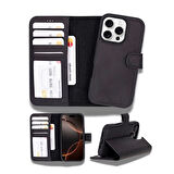 Apple iPhone 16 Pro uyumlu, Hakiki Deri, El Yapımı, Cüzdanlı Kılıf, Mat Siyah