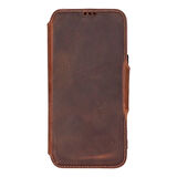 Apple iPhone 16 Pro uyumlu, Hakiki Deri, El Yapımı, Cüzdanlı Kılıf, Antik Kahve