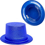 Mavi Renk Parıltılı Simli Fötr Silindir Parti Şapkası