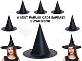 Halloween Siyah Renk Parlak Dralon Cadı Şapkası Yetişkin ve Çocuk Uyumlu 6 Adet
