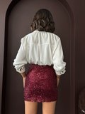 Bordo Payetli Bodycon Mini Etek