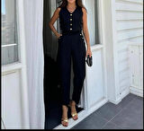 BYB Gold düğmeli siyah yelek pantolon takım