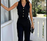 BYB Gold düğmeli siyah yelek pantolon takım