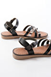 205-093 Siyah Garni Hakiki Deri Ortopedik Taban Kadın Sandalet