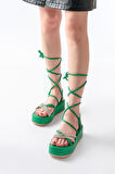 861-1010 Çimen Yeşili Gümüş Taşlı Bilekten Bağlamalı Kadın Sandalet