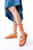 1001-1001 Orange Bilekten Bağcıklı Kadın Sandalet