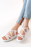 841-841 Beyaz Lastikli Günlük Kadın Sandalet