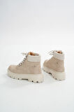 LMÇ-2045 Bej Süet Bağcıklı Kalın Taban Kadın Günlük Bot