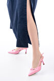 İNF-2300 Pembe Rugan Günlük Arkası Açık Fiyonklu Topuklu Kadın Ayakkabı