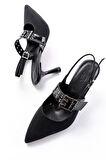 İNF-260 Siyah Simli Günlük Arkası Açık Baret Tokalı Topuklu Kadın Ayakkabı