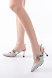İNF-260 Gümüş Simli Günlük Arkası Açık Baret Tokalı Topuklu Kadın Ayakkabı