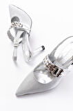 İNF-260 Gümüş Simli Günlük Arkası Açık Baret Tokalı Topuklu Kadın Ayakkabı