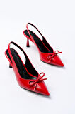 İNF-4500 Kırmızı Rugan Günlük Arkası Açık Fiyonklu Topuklu Kadın Ayakkabı