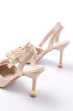 İNF-4505 Bej Saten Günlük Arkası Açık Kurdele detaylı Topuklu Kadın Ayakkabı