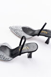 V-1005 Siyah Günlük Arkası Açık Taşlı Topuklu Kadın Ayakkabı