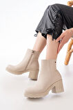 767-3020 Bej Fermuarlı Kalın Topuklu Günlük Kadın Bot