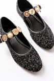 İNF-6363 Siyah Havlu Desenli Baret Tokalı Günlük Kadın Ayakkabı
