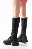 FZ-2450 Siyah Yüksek Tabanlı Bağcıklı Fermuarlı Günlük Kadın Çizme