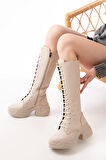 FZ-2450 Bej Yüksek Tabanlı Bağcıklı Fermuarlı Günlük Kadın Çizme