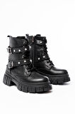 842-03 Siyah Bağcıklı Kalın Tabanlı Bağcıklı Fermuarlı Günlük Kadın Bot