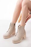 5109-3025 Bej Bağcıklı Fermuarlı Kalın Topuklu Günlük Kadın Bot