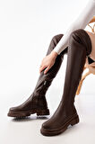 812-2194 Kahverengi Fermuarlı Diz Üstü Bağcıklı Çorap Günlük Kadın Çizme