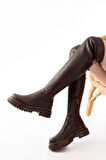 812-2194 Kahverengi Fermuarlı Diz Üstü Bağcıklı Çorap Günlük Kadın Çizme