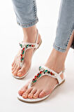 152-1110 Beyaz Multi Taşlı Parmak Arası Kadın Sandalet