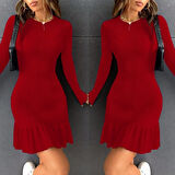 Kadın Bisiklet Yaka Uzun Kol Etek Ucu Fırfırlı Triko (polyenit) Yılbaşı özel Mini Boy Elbise