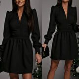 Kadın Uzun Kollu V Yaka Belden Hafif Pileli Scuba Krep Mini Boy Elbise