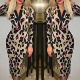 Kadın Uzun Kollu V Yaka Puantiyeli Krep Midi Boy Elbise