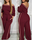 Kadın Uzun Kollu Omuzlardan Açık Beli Lastikli Cepli şerit Desenli Viskon Iki Iplik Tulum