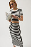Çizgili Midi Dokulu Etek