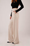 Yüksek Bel Bol Paça Krep Krem Pantolon