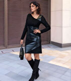 Kadın Uzun Kollu Asimetrik Yaka Süet Ve Deri Mini Boy Elbise