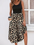 Kadın Askılı Yuvarlak Yaka üst Viskon Alt Leopar Desenli Süprem Uzun Elbise