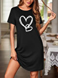 Kadın Kısa Kollu Bisiklet Yaka Kalp Desenli Viskon Elbise