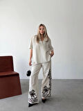 Keten Kısa Kolu  V Yaka Bluz Pantolon Ikili Takım- Beyaz