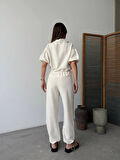 Keten Tam Fermuarlı Kısa Kollu Gömlek Pantolon Ikili Takım - Beyaz