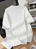 Baskılı Oversize Bisiklet Yaka T-shirt - Beyaz