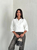 Crop Yakalı Gömlek Üç Çeyrek Sleeve Kol - Beyaz